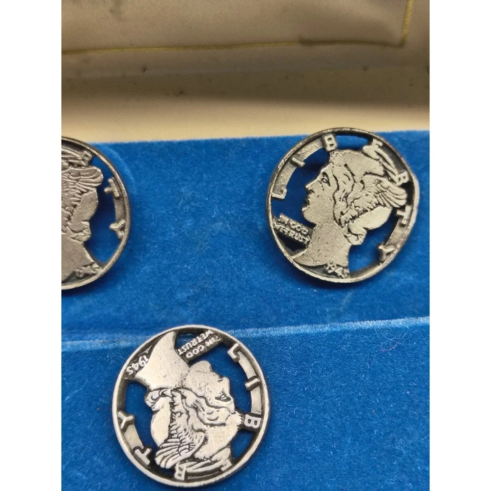 Vintage Swank Cufflinks & Tie‎ Tack Set w/ Mercury Dime Design 1945 w/ Box